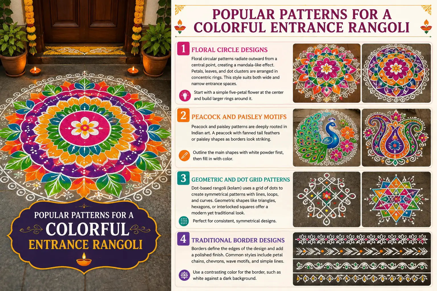 Infographic showcasing popular colorful entrance rangoli patterns, including floral circle designs, peacock and paisley motifs, geometric dot-grid patterns, and traditional decorative borders.