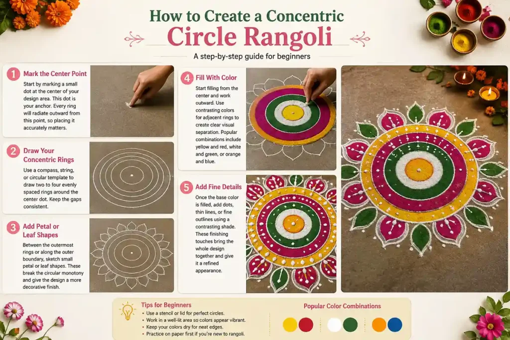 Step-by-step guide showing how to create a concentric circle rangoli with center marking, rings, petals, colors, and fine details.