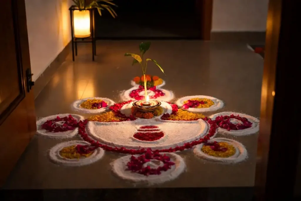 Diya and kalash rangoli design used for festival decoration
