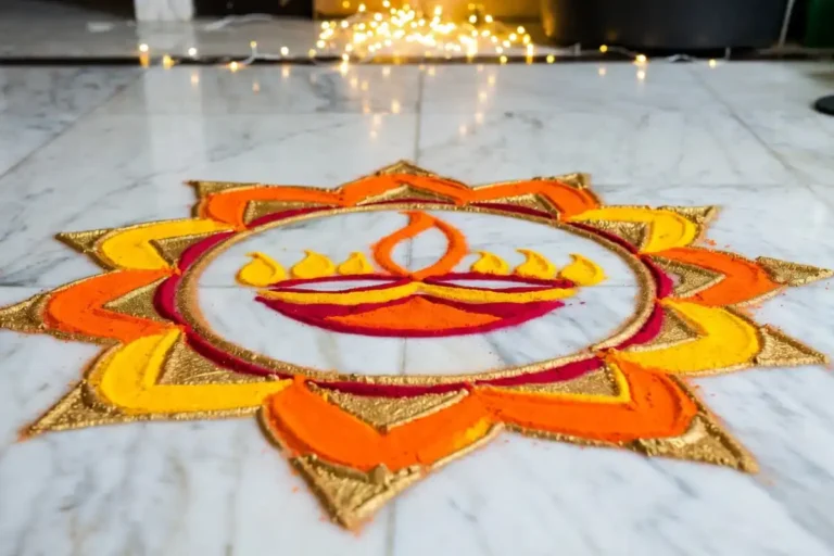 Colorful diya symbol rangoli design on white marble floor for Diwali