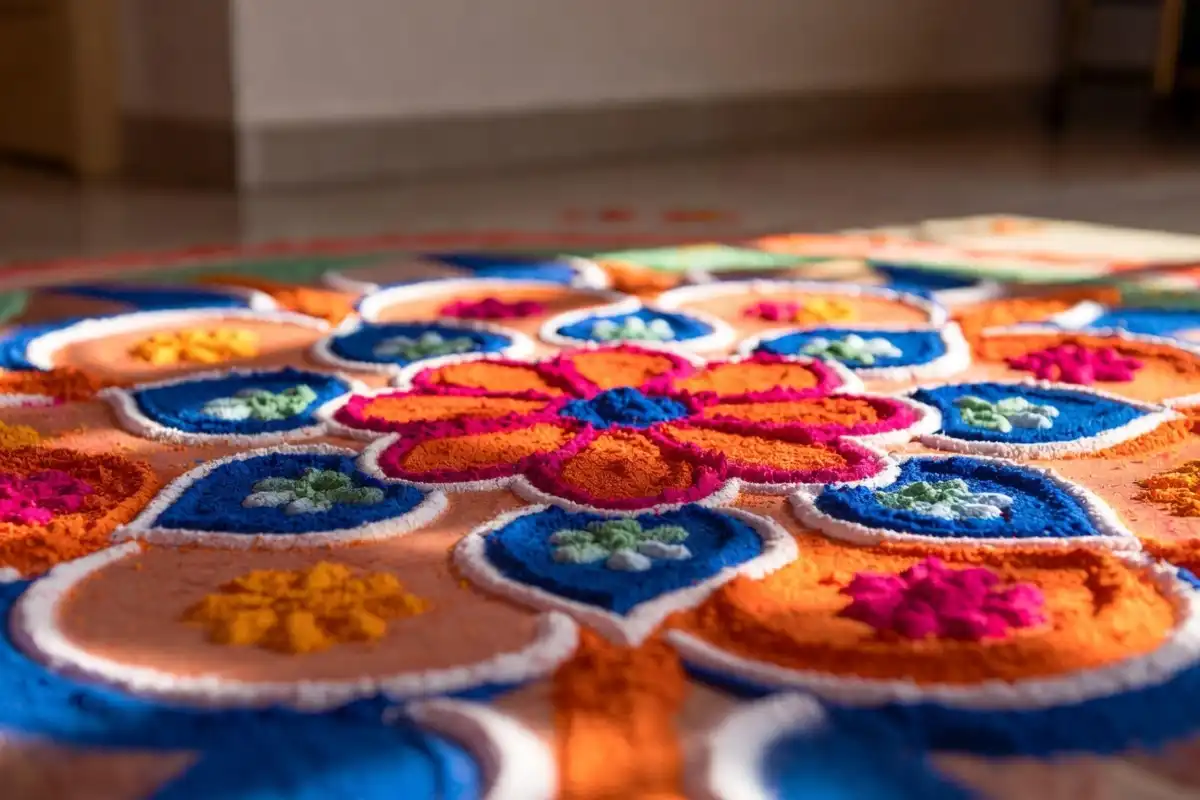 Bright festive floor art showing easy 3D rangoli with colors