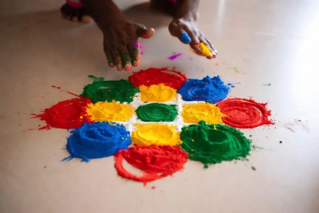 Easy dot grid rangoli pattern made with colored powder