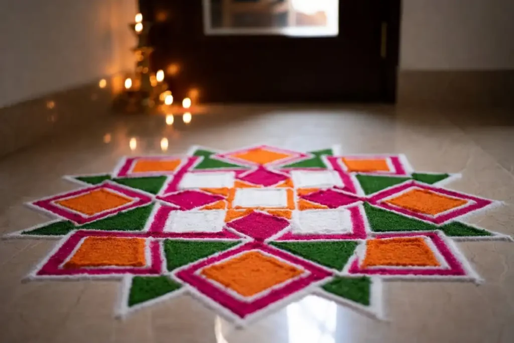Colorful geometric easy festive floor art at a home entrance with festival lamps