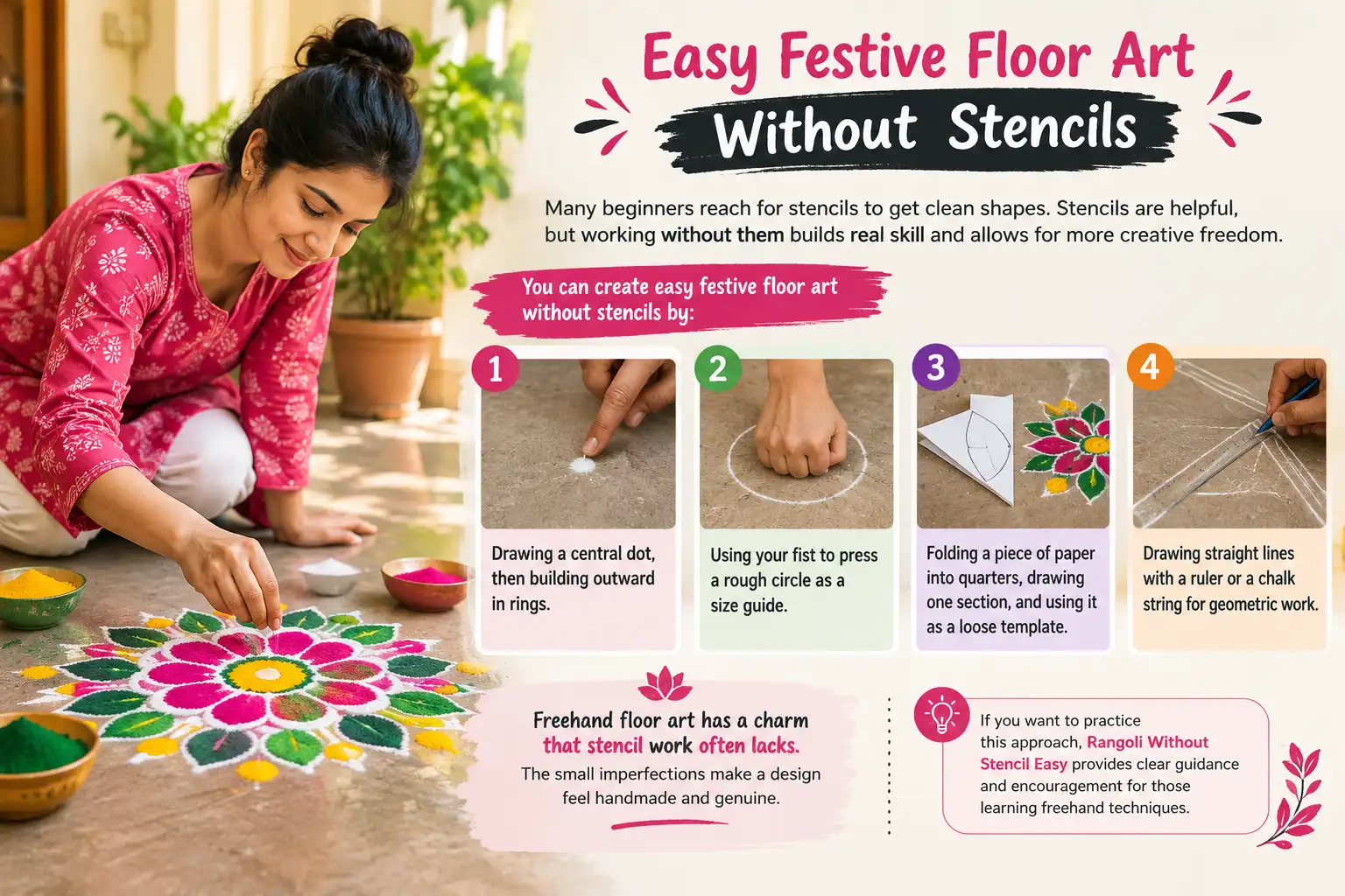 Easy festive rangoli floor art without stencils, showing four simple freehand techniques for creating colorful geometric designs.