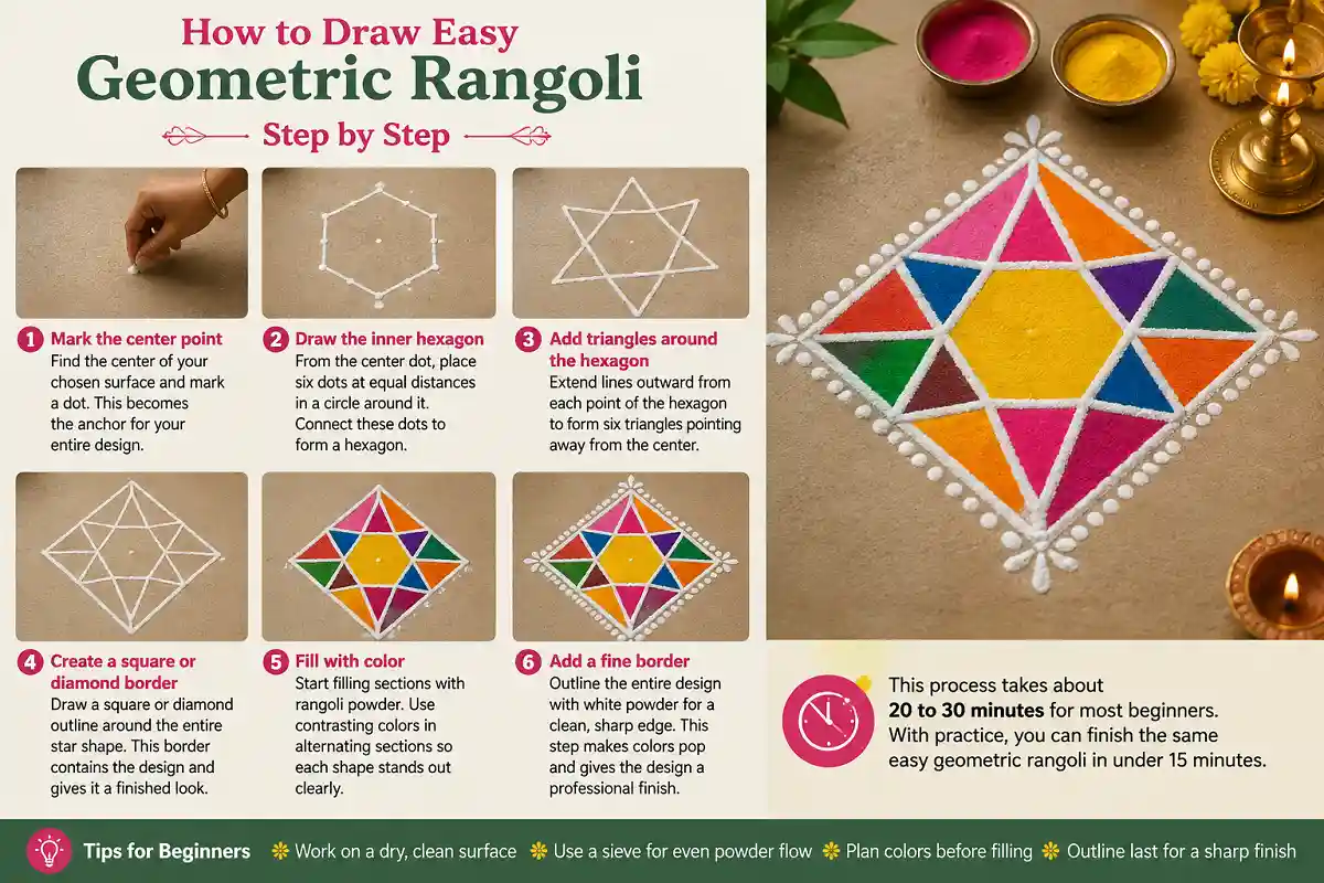 Step-by-step guide showing how to draw an easy geometric rangoli with a hexagon, triangles, colorful sections, and a white border