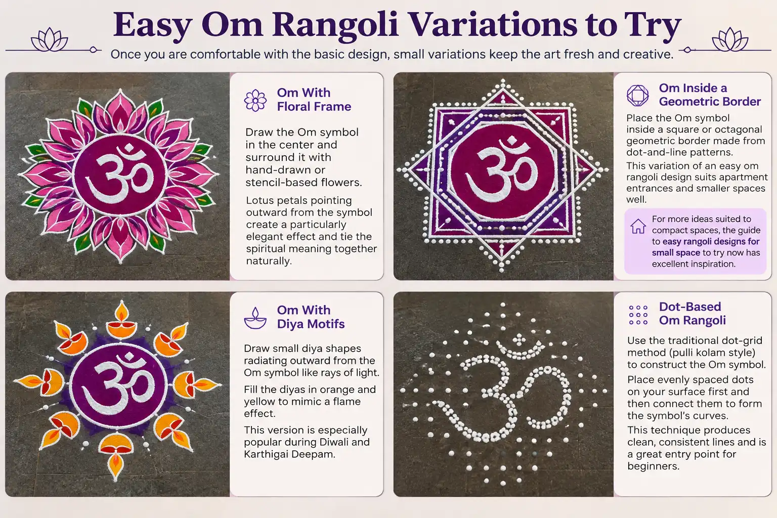 Easy Om Rangoli variations featuring floral, geometric, diya, and dot-based designs for beginners