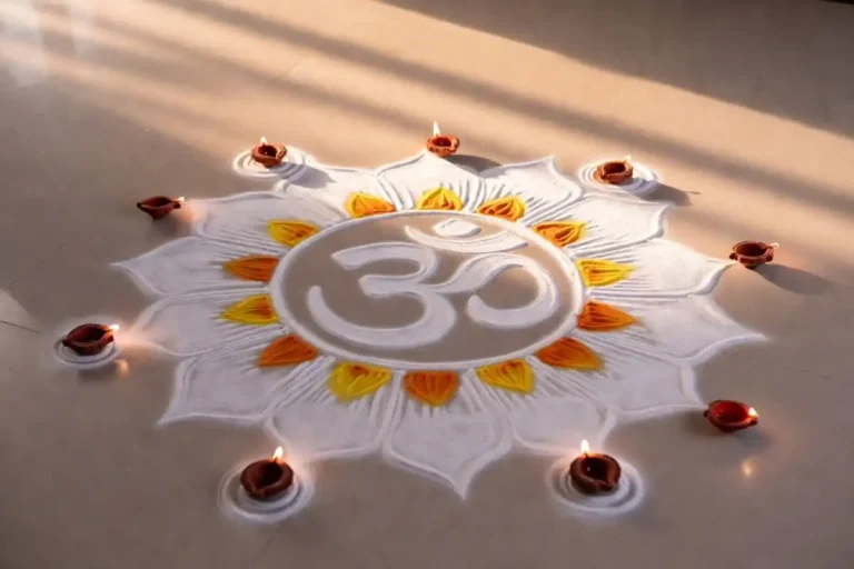 Easy spiritual rangoli with Om symbol and lotus petals at home