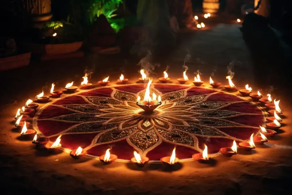 Easy wedding rangoli with glowing diya border for an evening function