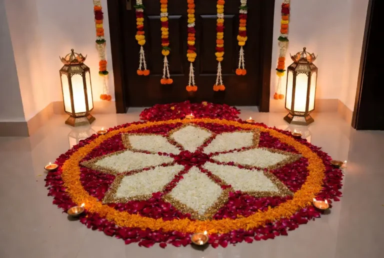 Colorful easy wedding rangoli with floral border at home entrance