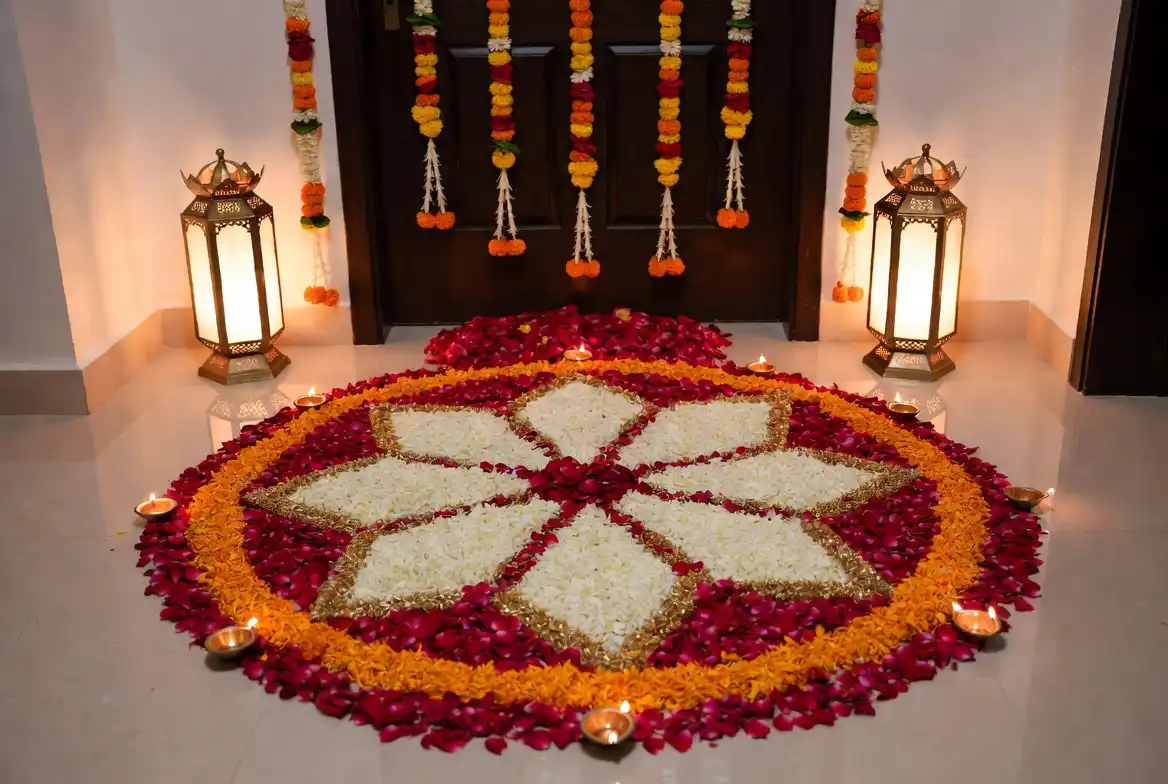 Colorful easy wedding rangoli with floral border at home entrance