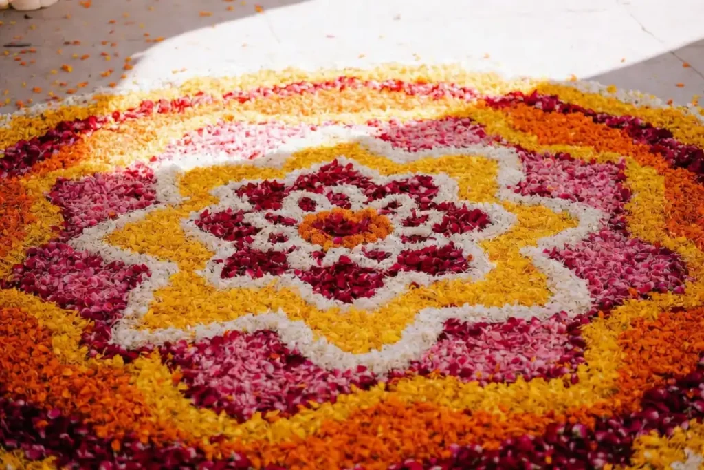 Easy wedding rangoli floral welcome circle with marigold petals