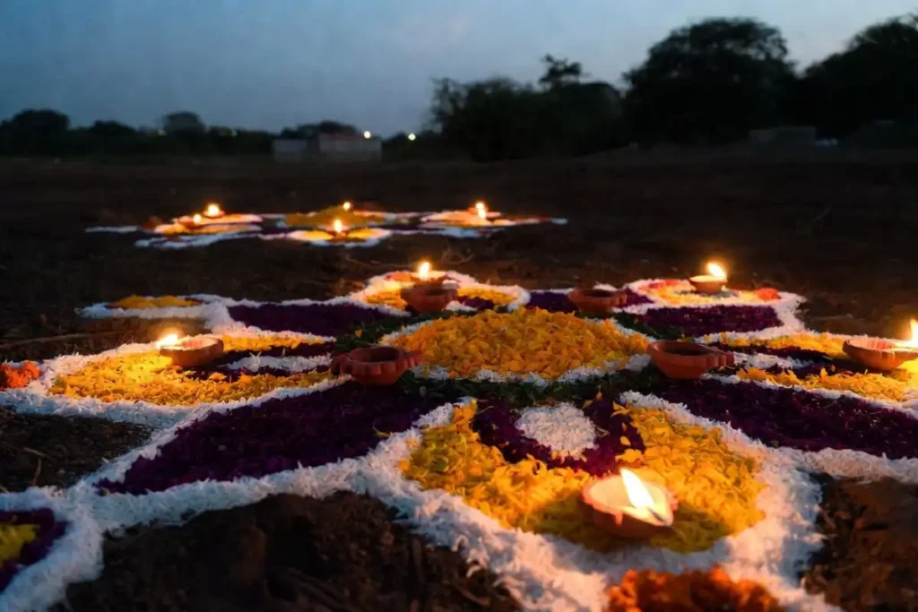 Eco friendly Diwali rangoli made with marigold petals and colored rice
