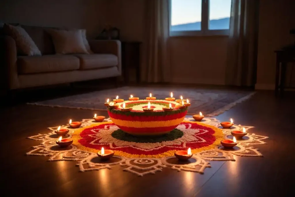 Festival 3D rangoli placed in a decorated living room with diyas