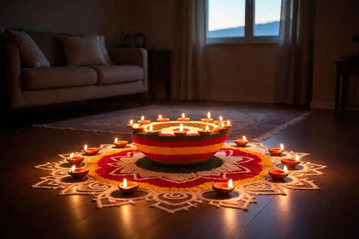 Festival 3D rangoli placed in a decorated living room with diyas