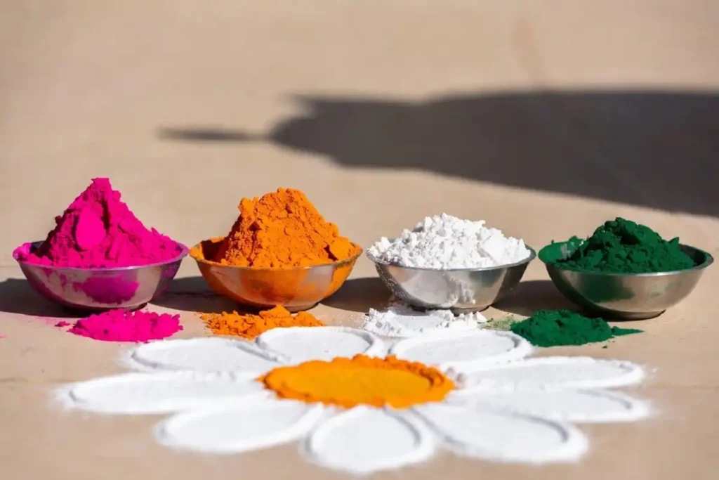 Pastel and bright color powders arranged beside a small floral rangoli pattern