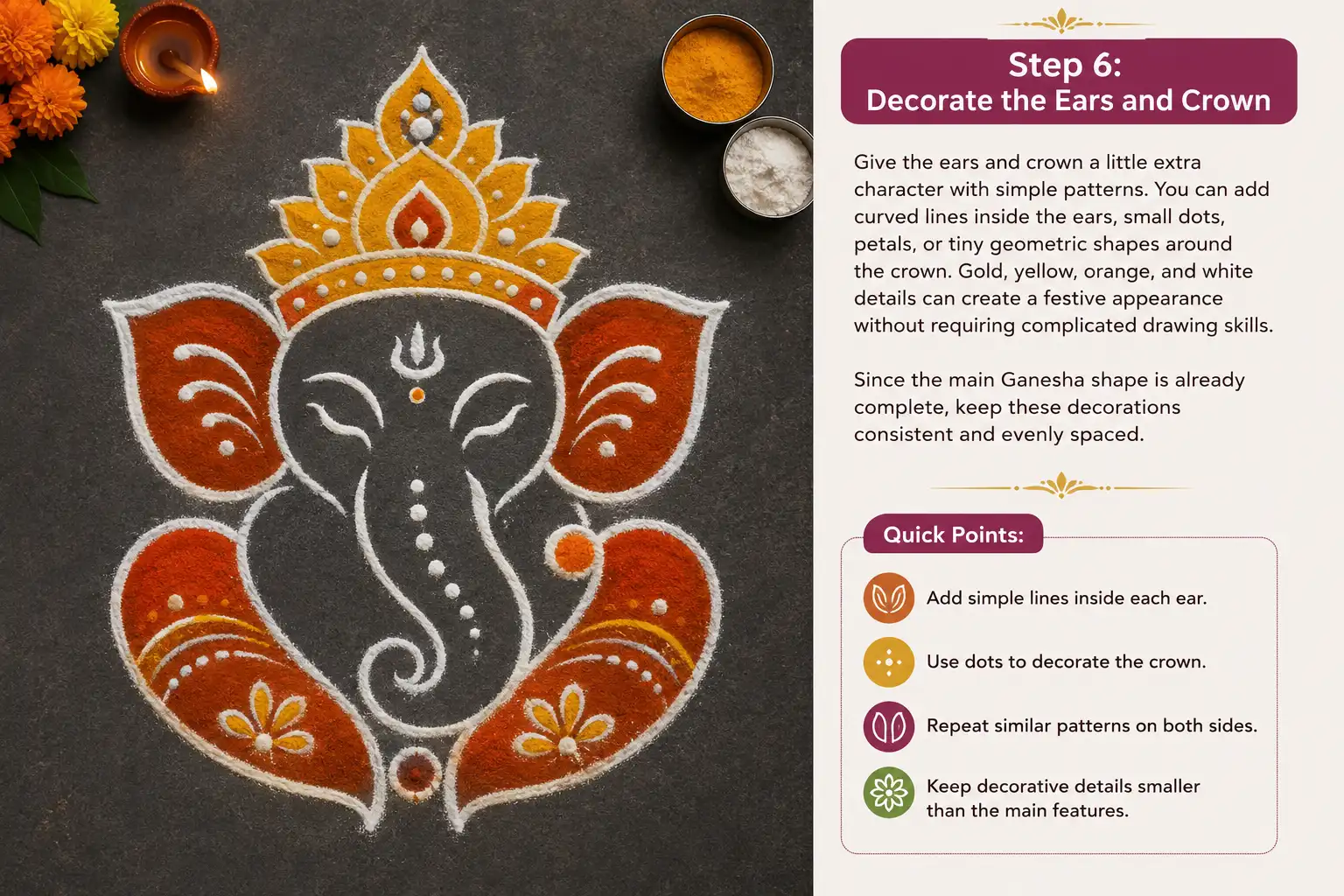 Ganesha rangoli with decorated ears and crown patterns, shown in a festive infographic tutorial