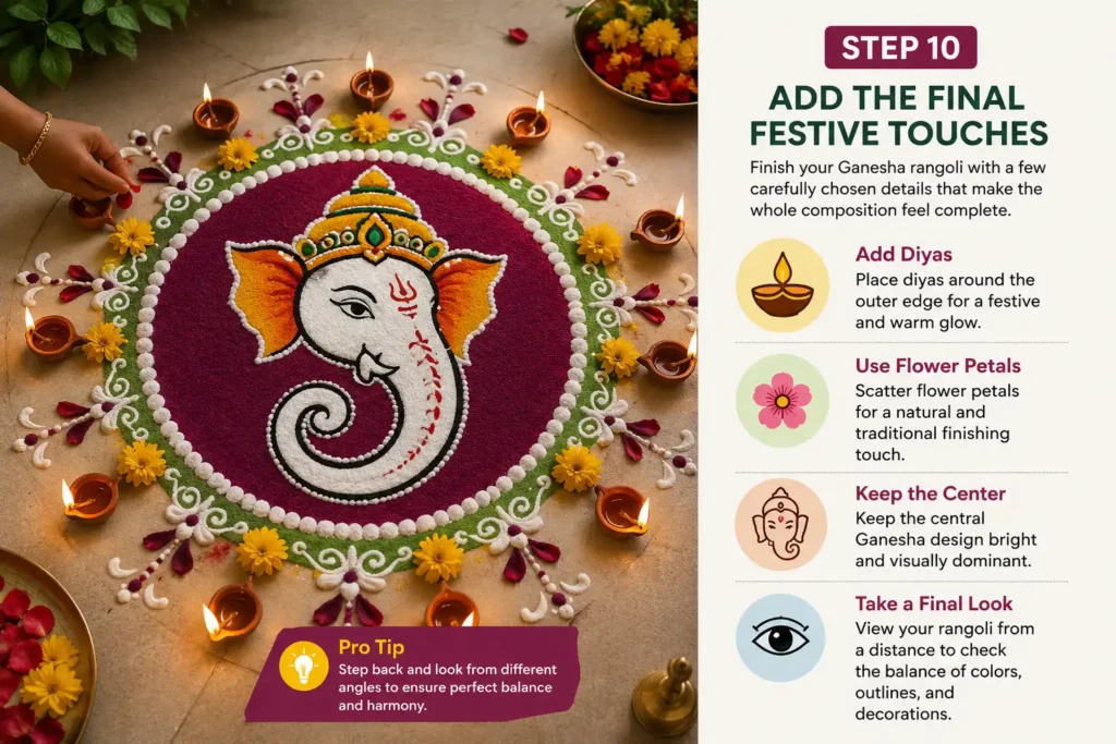 Ganesha rangoli decorated with diyas, flower petals, and festive patterns