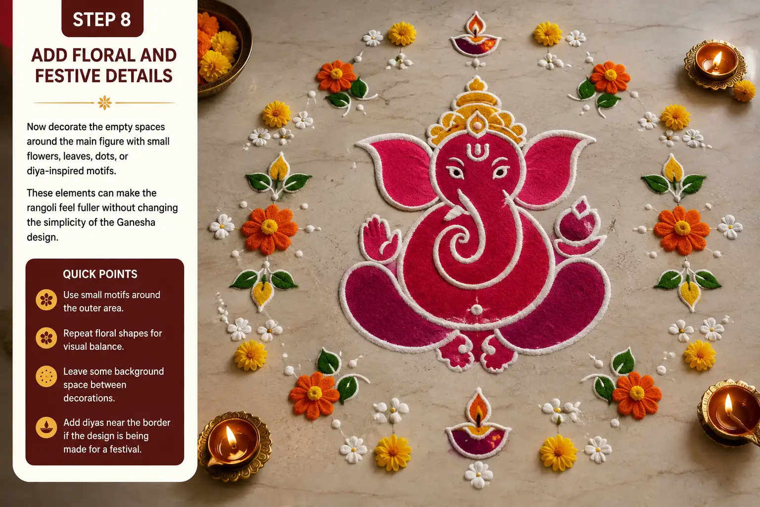 Ganesha rangoli decorated with flowers, leaves, dots, and diyas for a festive look