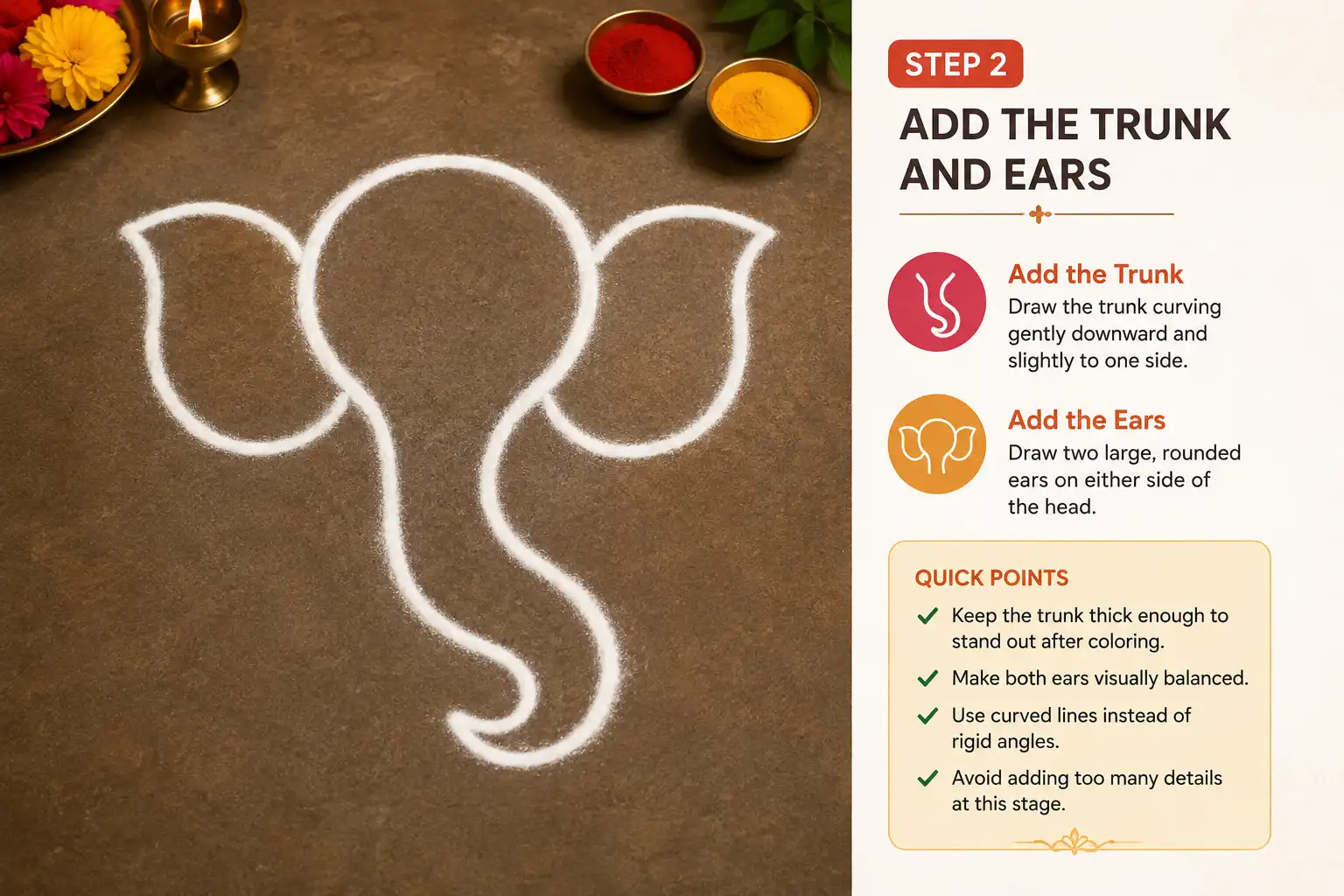 Step 2 Ganesha rangoli showing the trunk and rounded ears