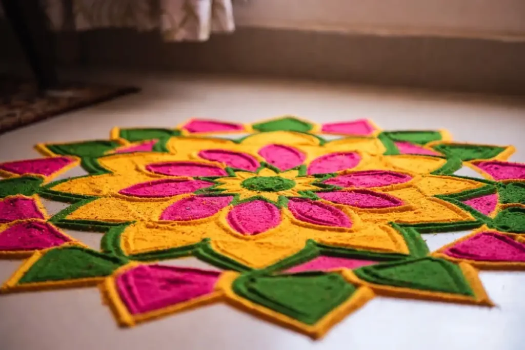 Circular flower pattern simple holi rangoli design in bright colors