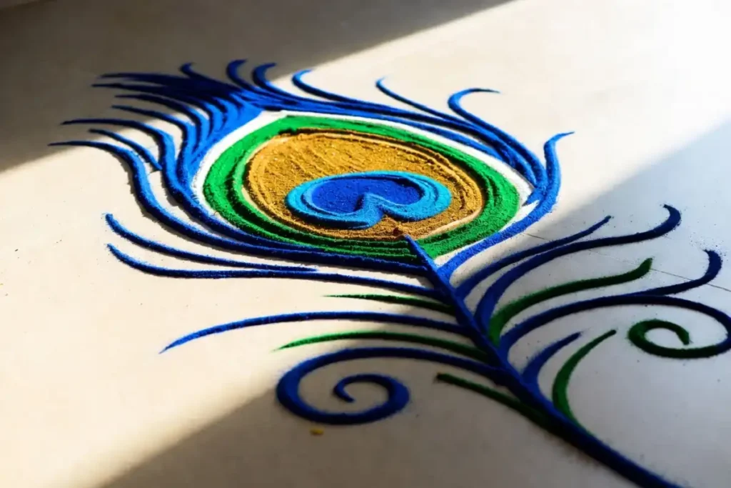 Peacock feather motif simple holi rangoli design for celebration