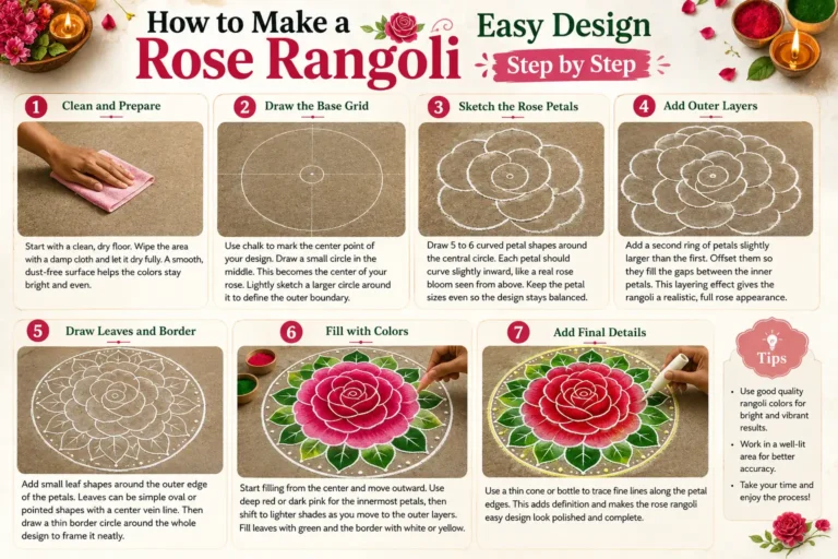 How to make a rose rangoli easy design step by step infographic