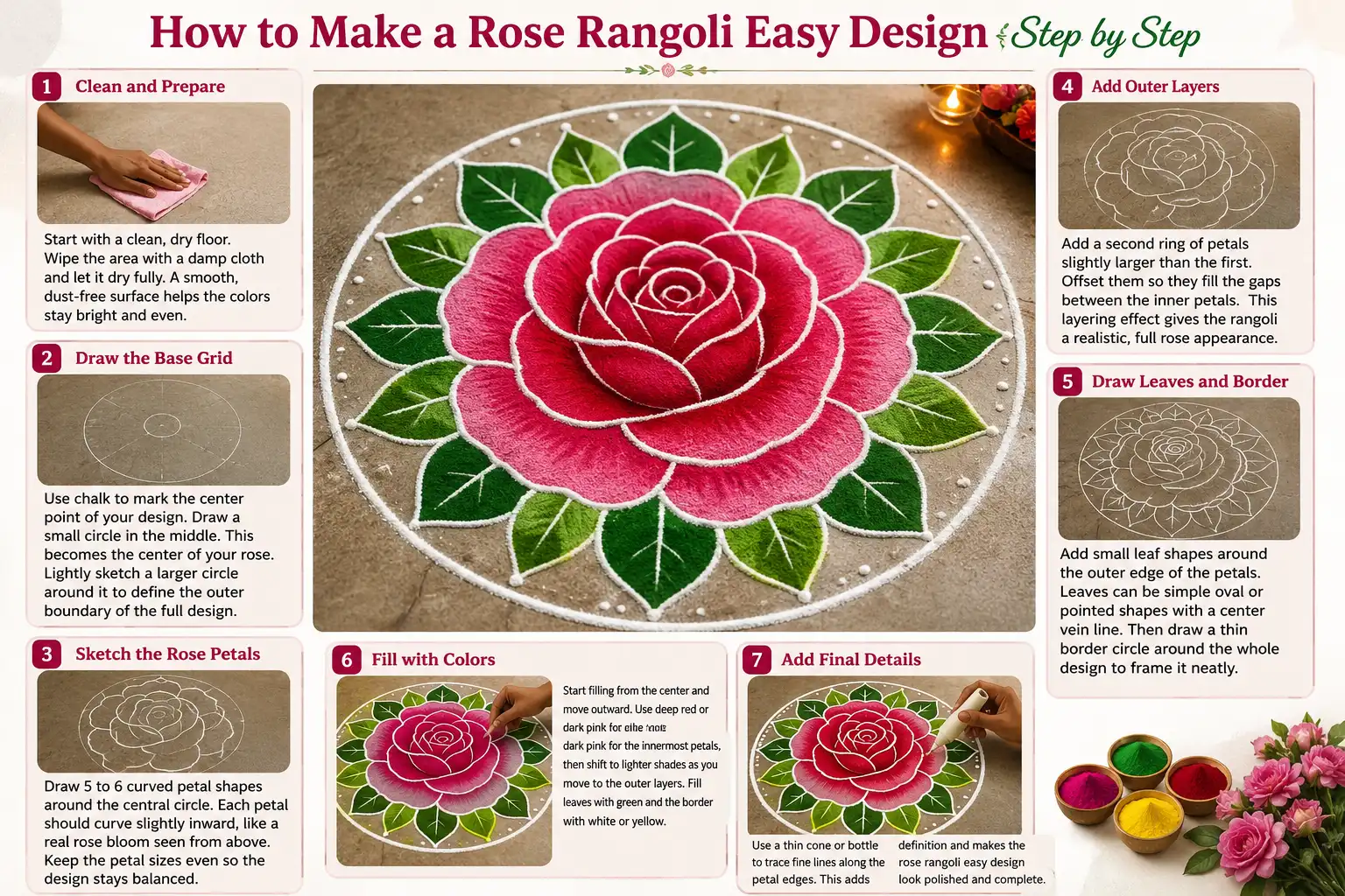 How to make a rose rangoli easy design step by step, showing seven illustrated steps from preparing the floor and sketching petals to coloring and adding final details.