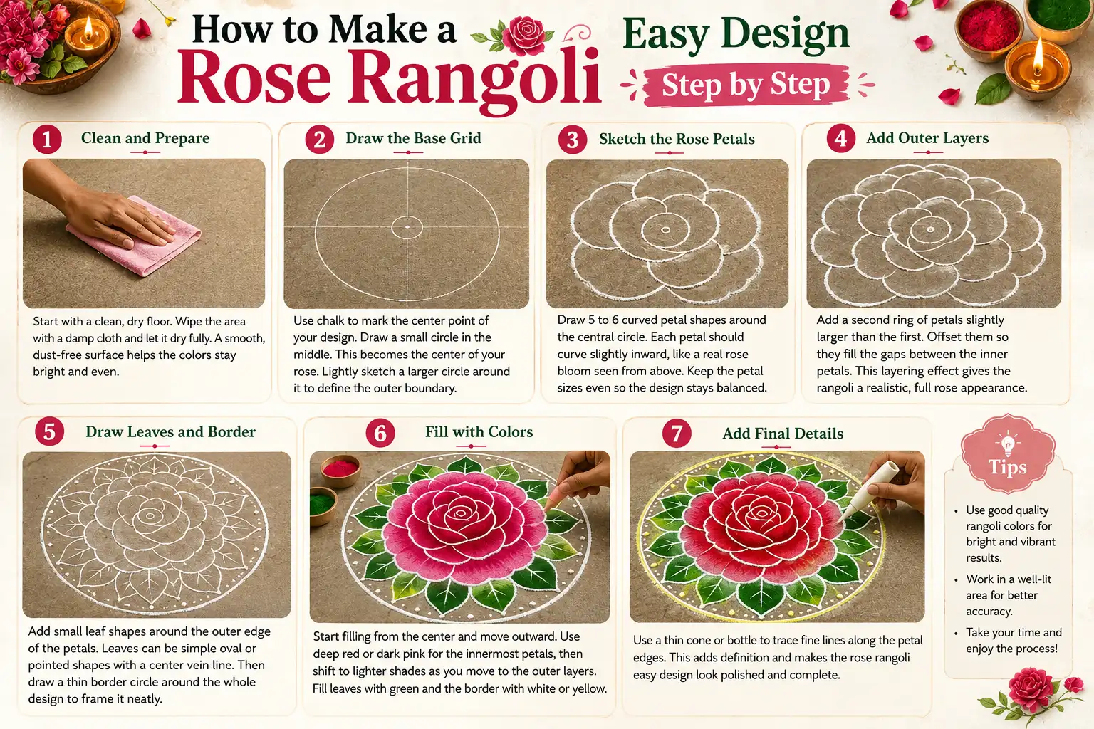 How to make a rose rangoli easy design step by step infographic