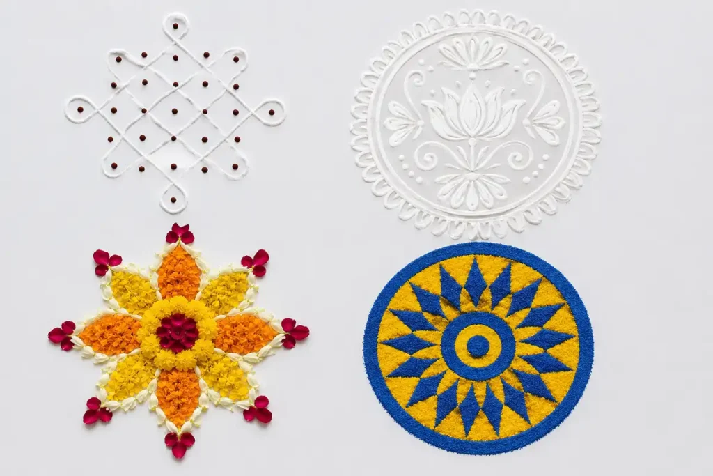 Step-by-step guide to making small traditional rangoli with cone and colour powder