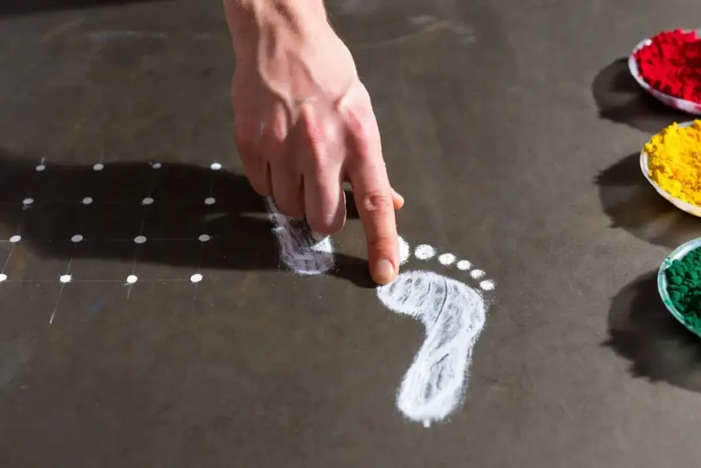 step by step dot method for lakshmi feet rangoli easy beginner design