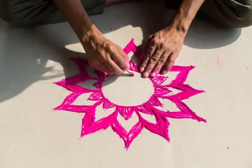 Step by step lotus rangoli petals being drawn with rangoli powder