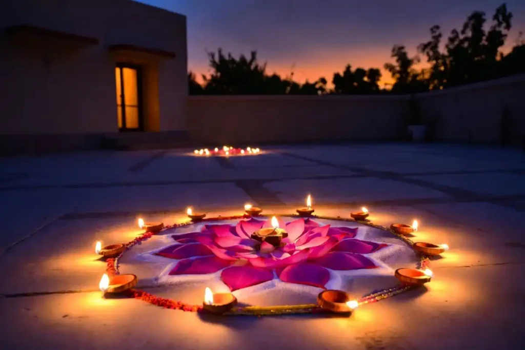 Lotus rangoli paired with small lit diyas for a Diwali celebration