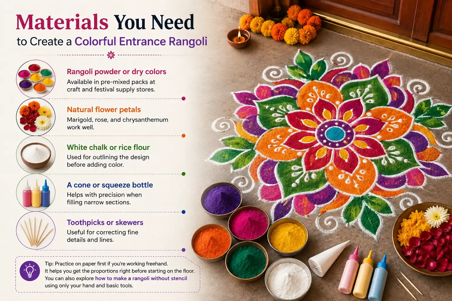 Infographic showing materials needed to create a colorful entrance rangoli, including rangoli powders, flower petals, white rice flour, squeeze bottles, and toothpicks, alongside a vibrant floral rangoli design.