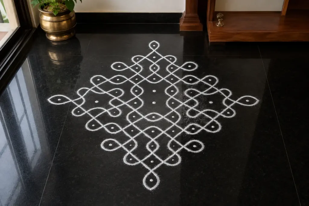 Minimalist white small traditional rangoli kolam pattern on black stone floor in modern home