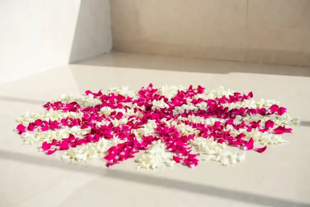 Modern simple rangoli made with pink and white flower petals in a circular pattern on cream floor