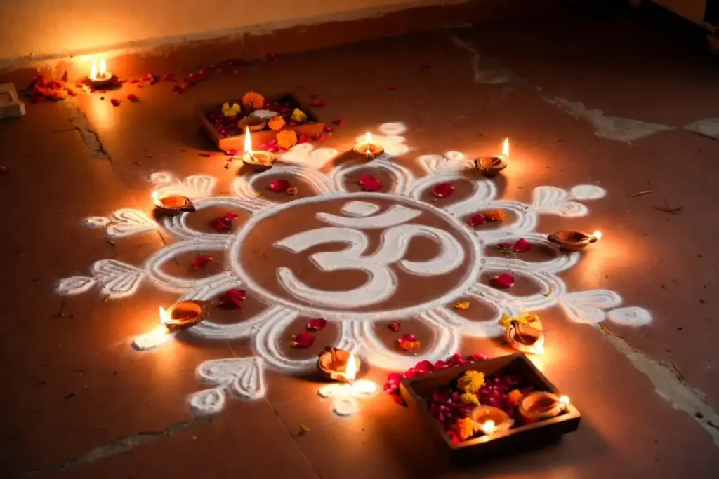 A finished Om rangoli design surrounded by lit diyas and marigold petals on a warm-toned floor