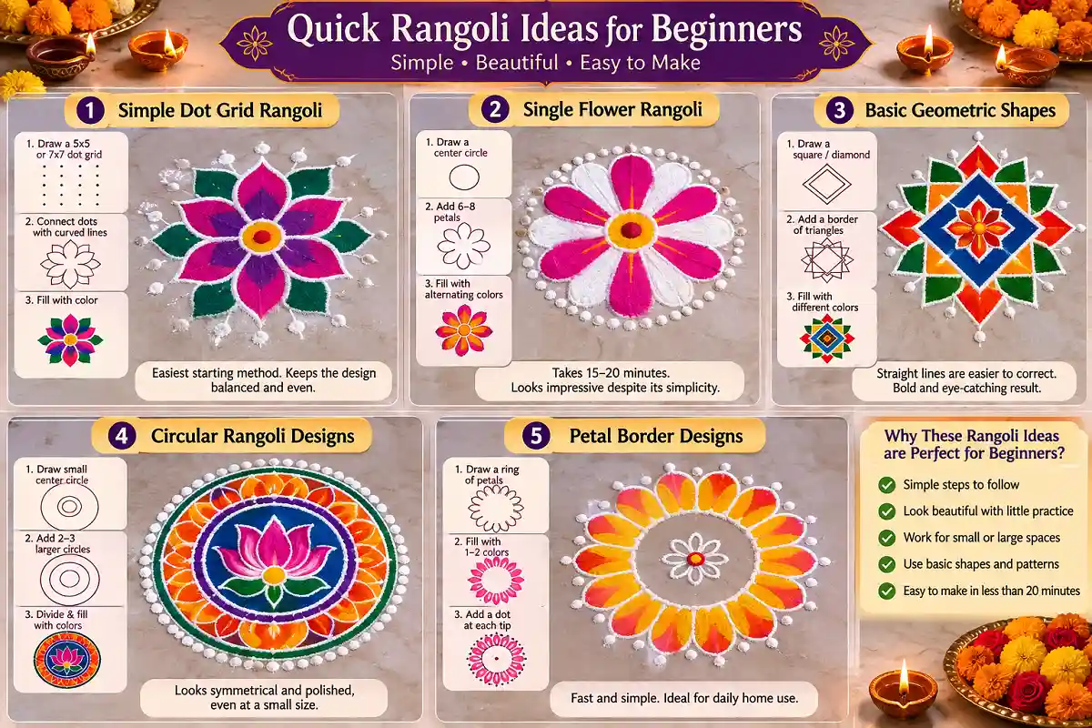 Simple quick rangoli ideas for beginners with dot grid, flower, geometric, circular, and petal border designs