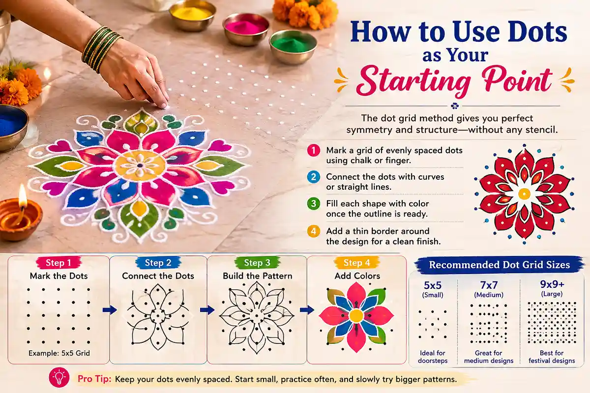 How to use evenly spaced dots as a starting point for an easy rangoli design without a stencil, with step-by-step infographic and 5x5, 7x7, and 9x9 dot grids