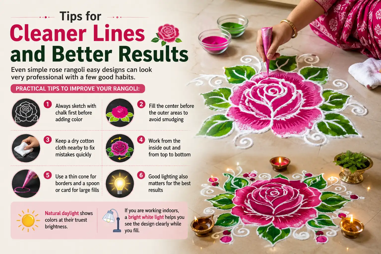 Tips for cleaner lines and better results when creating a colorful rose rangoli, including sketching, filling techniques, tools, mistake correction, and proper lighting.