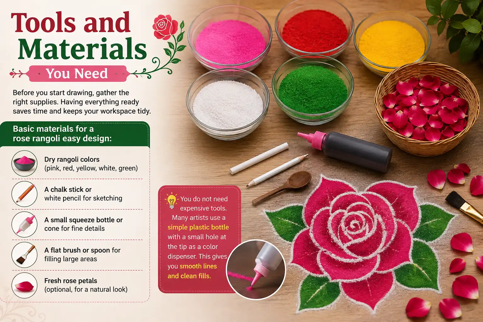 Tools and materials needed for an easy rose rangoli design, including colorful rangoli powders, chalk, squeeze bottle, brush, spoon, and fresh rose petals
