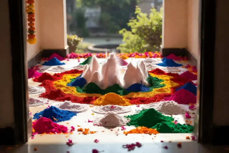 Simple 3D rangoli for home with floating petal effect at a doorway