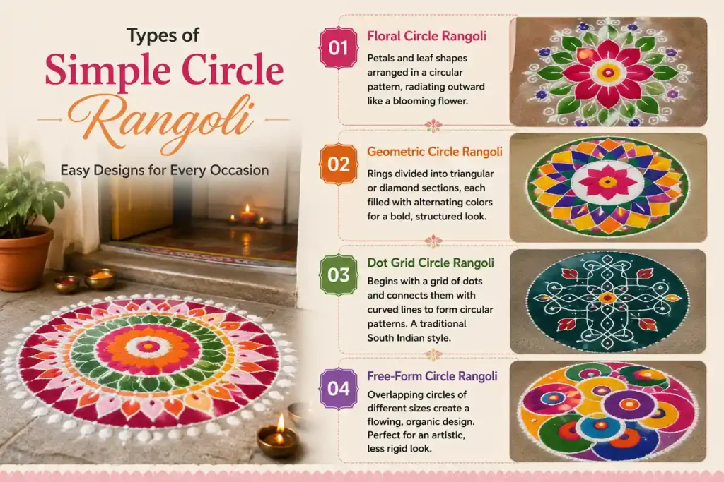 Four types of simple circle rangoli designs including floral, geometric, dot grid, and free-form patterns