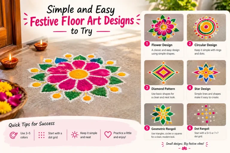 Simple and easy festive floor art designs featuring colorful flower, circular, diamond, star, geometric, and dot rangoli patterns with diyas