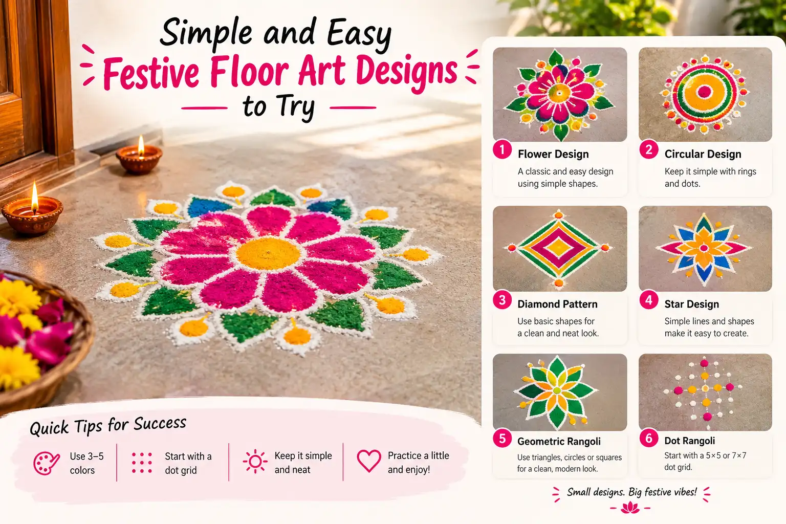 Simple and easy festive floor art designs featuring colorful flower, circular, diamond, star, geometric, and dot rangoli patterns with diyas