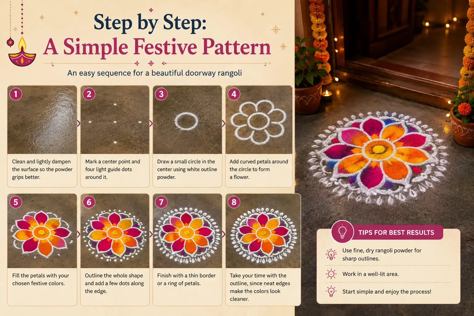 Step-by-step guide for creating a simple festive doorway rangoli with colorful flower petals and decorative border