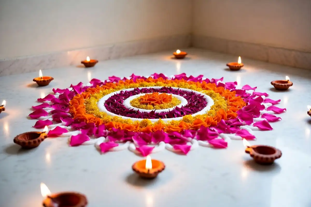 Small 3D rangoli ideas with layered flower petals and diyas on white marble floor
