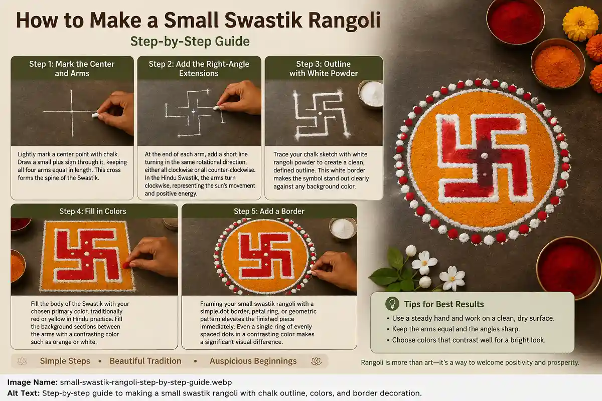 Step-by-step guide to making a small swastik rangoli with chalk outline, colors, and border decoration