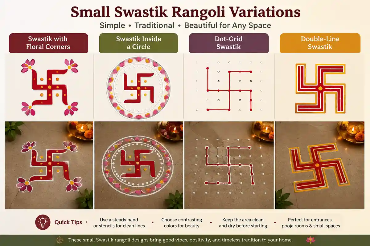 Small Swastik rangoli variations with floral corners, circle, dot-grid, and double-line designs