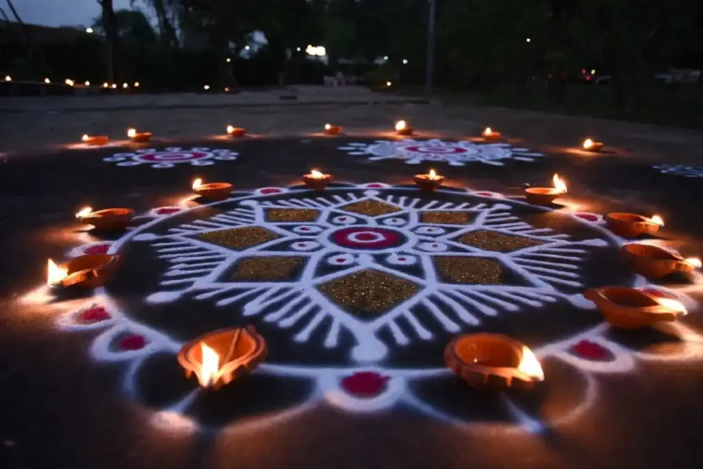 Festive small symmetry rangoli with lit diyas for Diwali