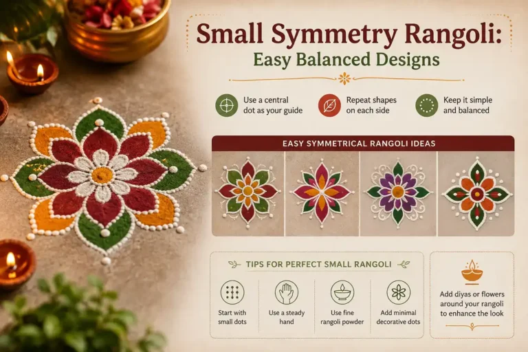 Small symmetry rangoli with balanced flower petals at a home doorway